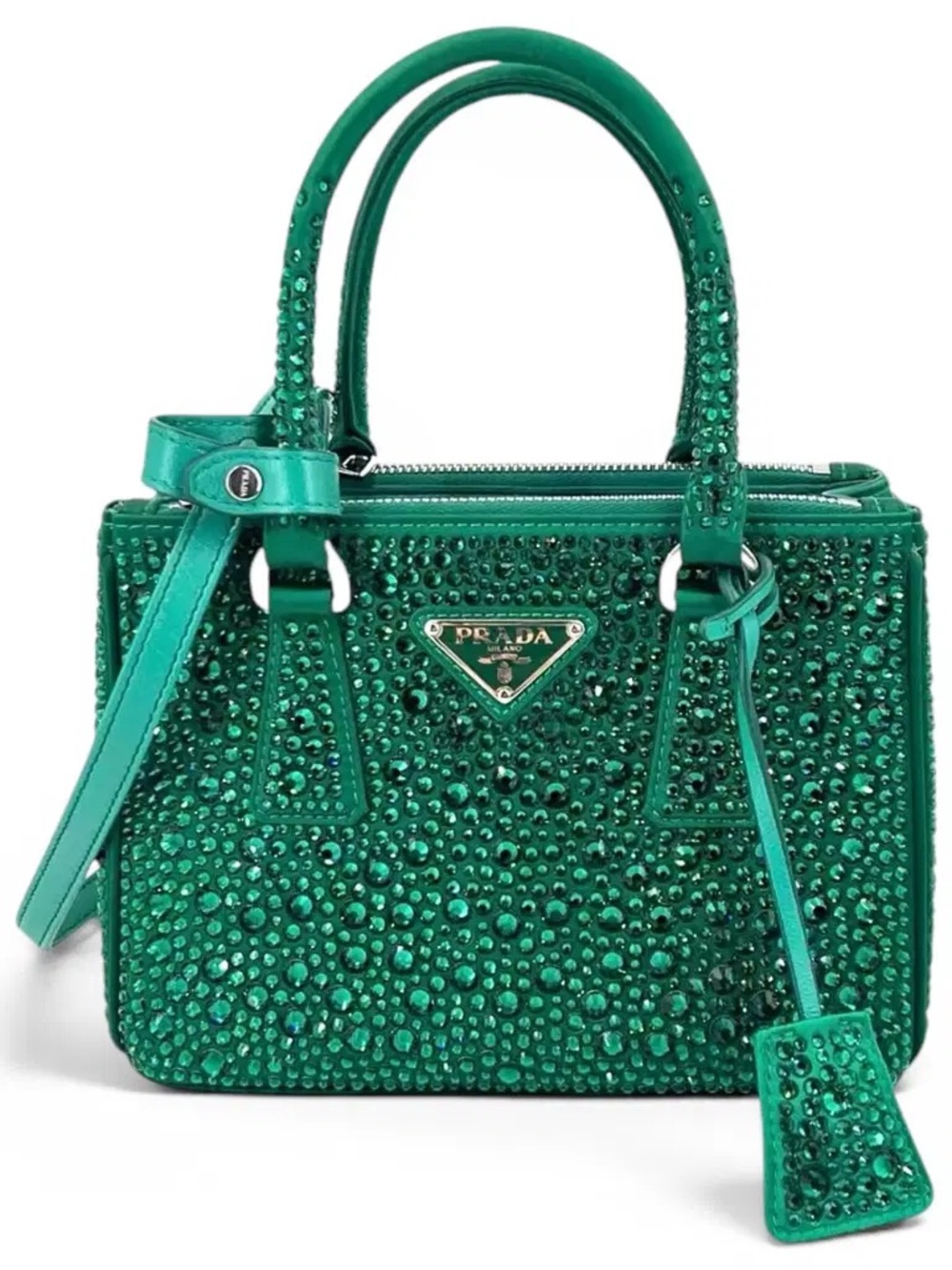 Prada Emerald Crystal-Embellished Top-Handle Silk Bag